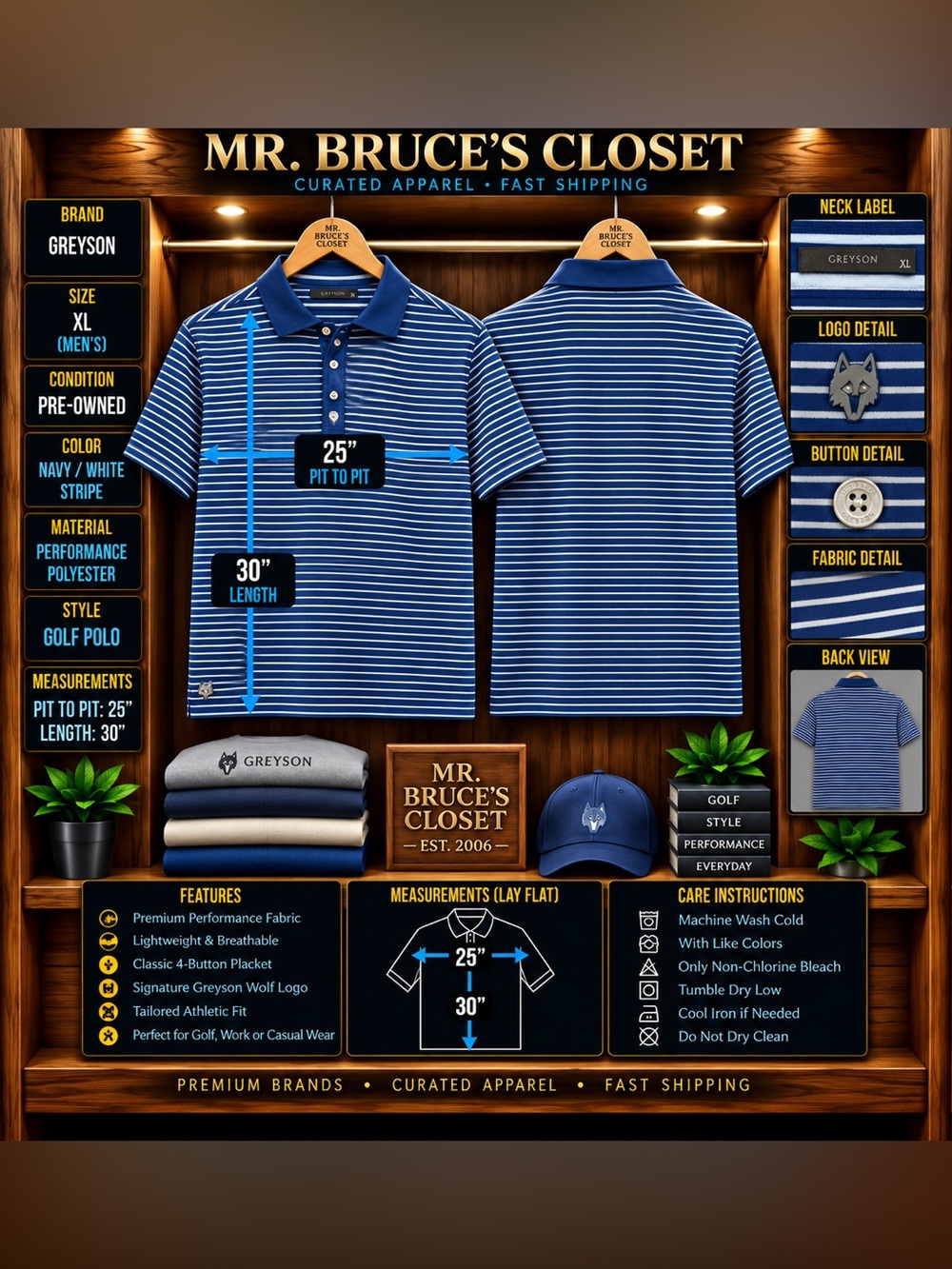 Greyson Navy and White Striped Performance Polo